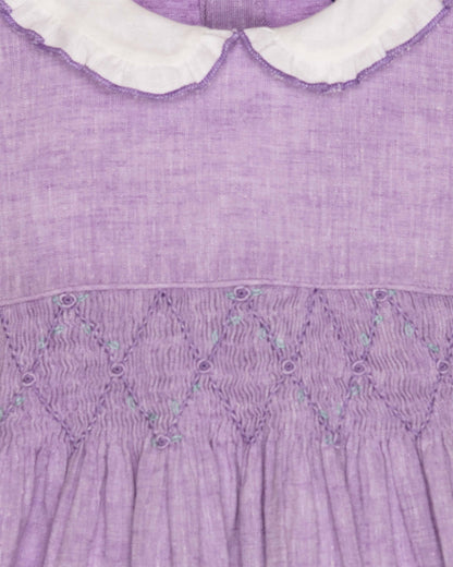 Close-up of a purple dress with white collar and smocked waistband