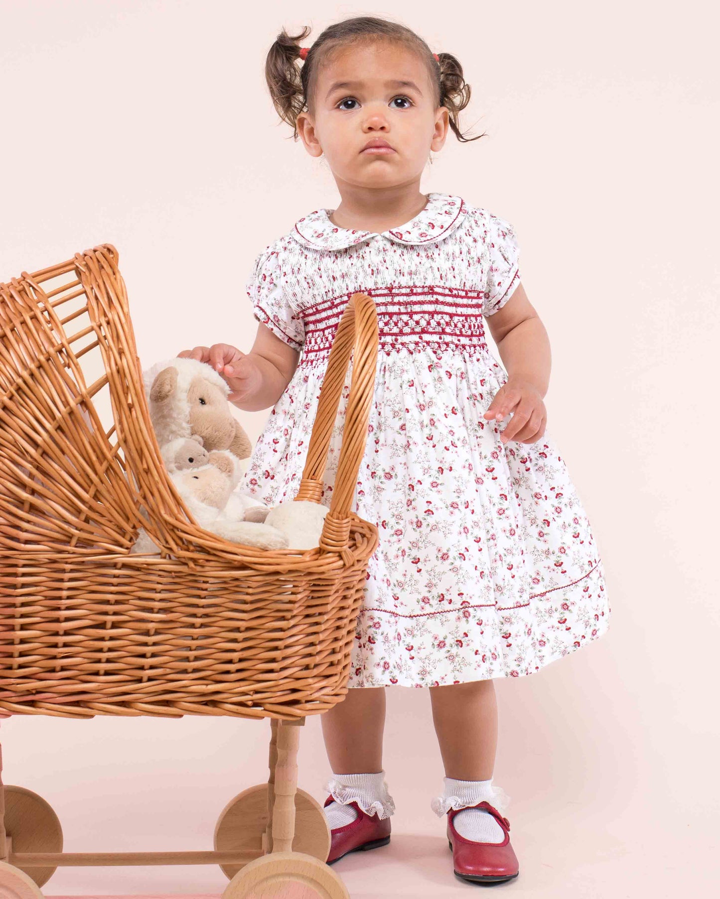 Emma Italian Red Floral Flannel Smock - Smocked Dress
