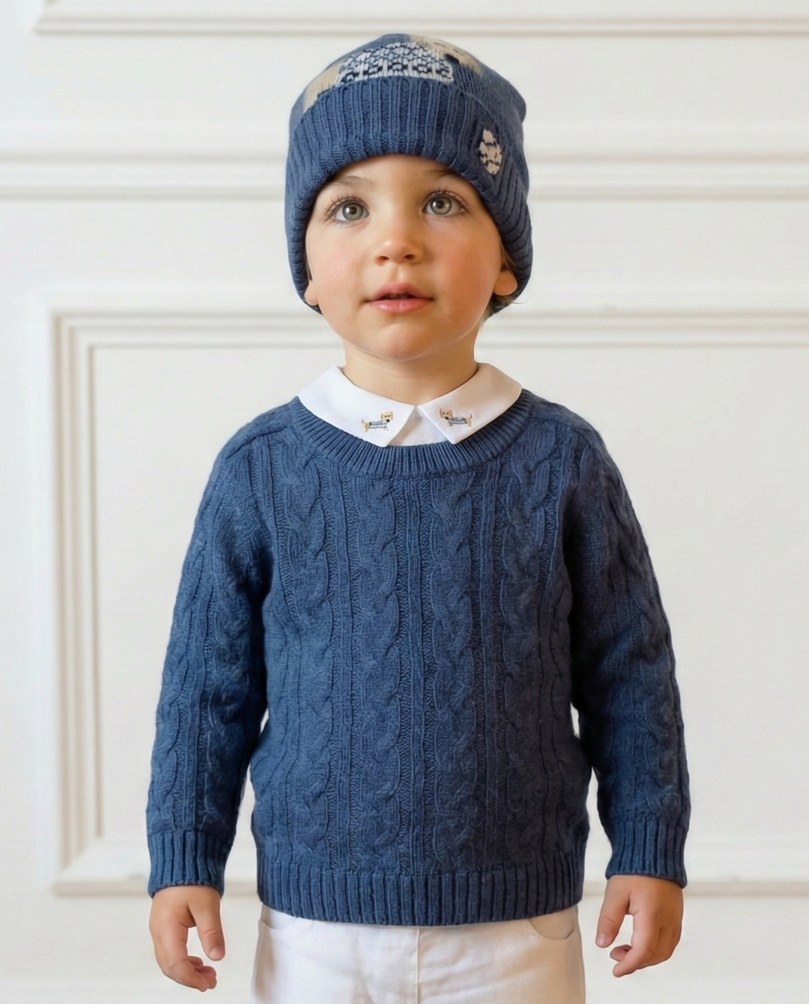 Child wearing a blue sweater and hat standing in a room with wooden flooring and white paneled walls.