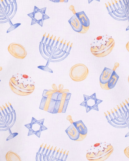 Pattern of Hanukkah-themed items including menorahs, dreidels, and donuts on a white background.