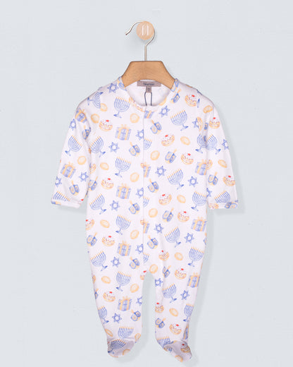 Baby onesie with colorful pattern on a light gray background