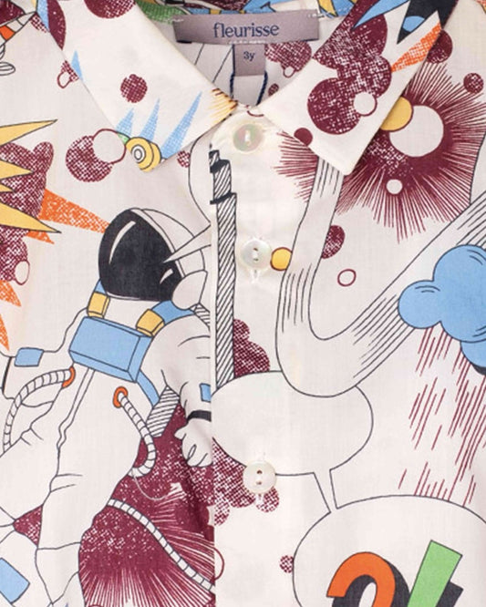 Colorful shirt with cartoon astronaut and elephant design, brand 'fleurisse' visible.