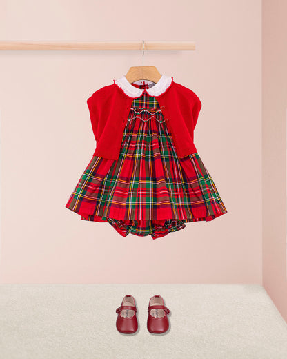 Baby Holiday Royal Stewart Smock Set - Baby Dress on hanger witgh red cardigan and red shoes