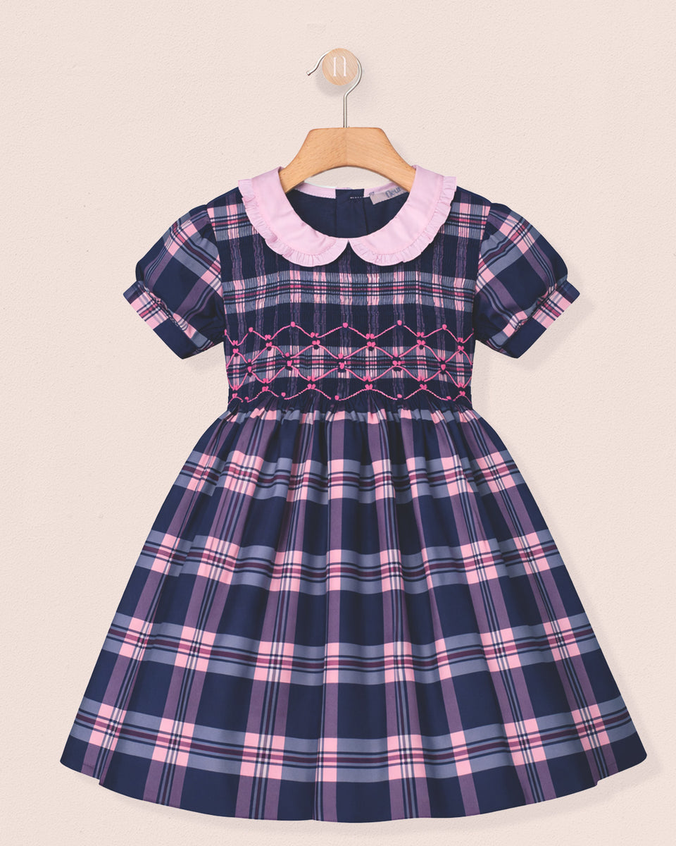Holiday Pink and Blue Plaid Smocked Dress