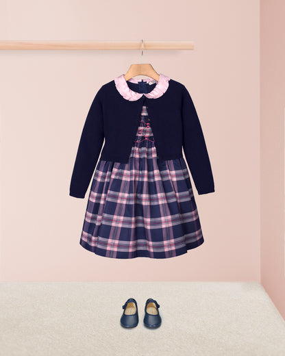 Navy dress with plaid pattern and pink collar on a hanger against a light pink background.