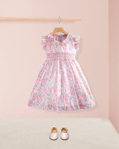 Florence Liberty Hollyhocks Pink Smock - Smocked Dress