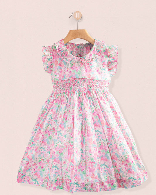 Florence Liberty Hollyhocks Pink Smock - Smocked Dress