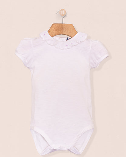 Ines Ruffle Onesie with Embroidered Lavender Dots - Onesie