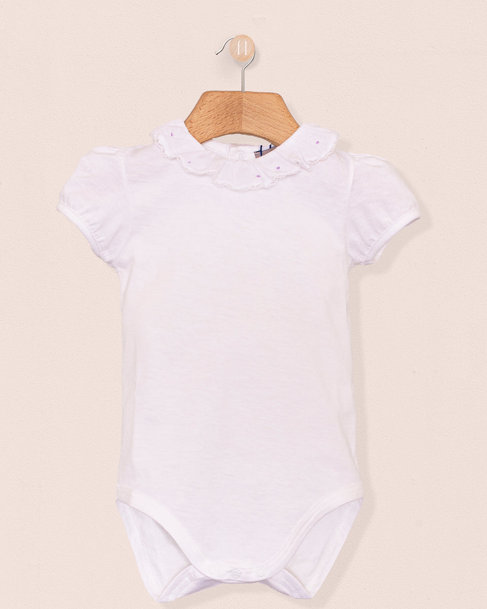 Ines Ruffle Onesie with Embroidered Lavender Dots