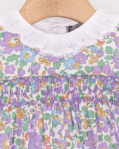 Ines Ruffle Onesie with Embroidered Lavender Dots - Onesie