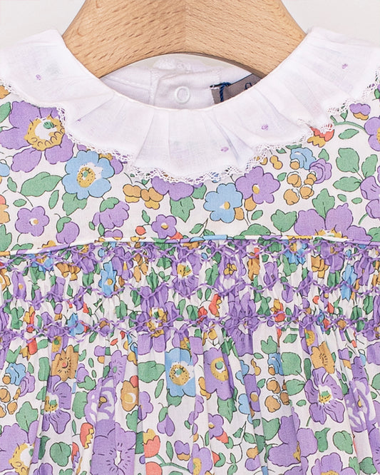 Ines Ruffle Onesie with Embroidered Lavender Dots - Onesie