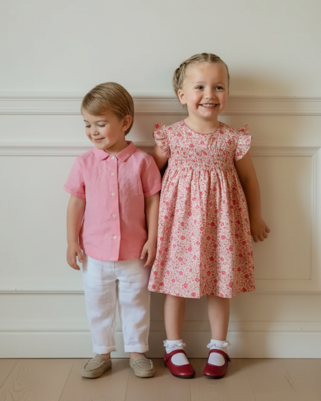 Two children, a boy and a girl, standing against a white wall.