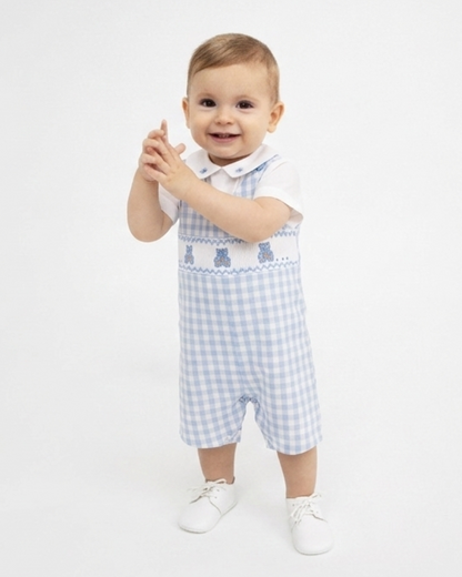 Baby wearing a blue and white checkered outfit with a collar on a white background