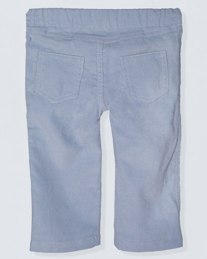 Back view of light blue corduroy pants with an elastic waistband and two patch pockets, made from soft, fine Italian corduroy.