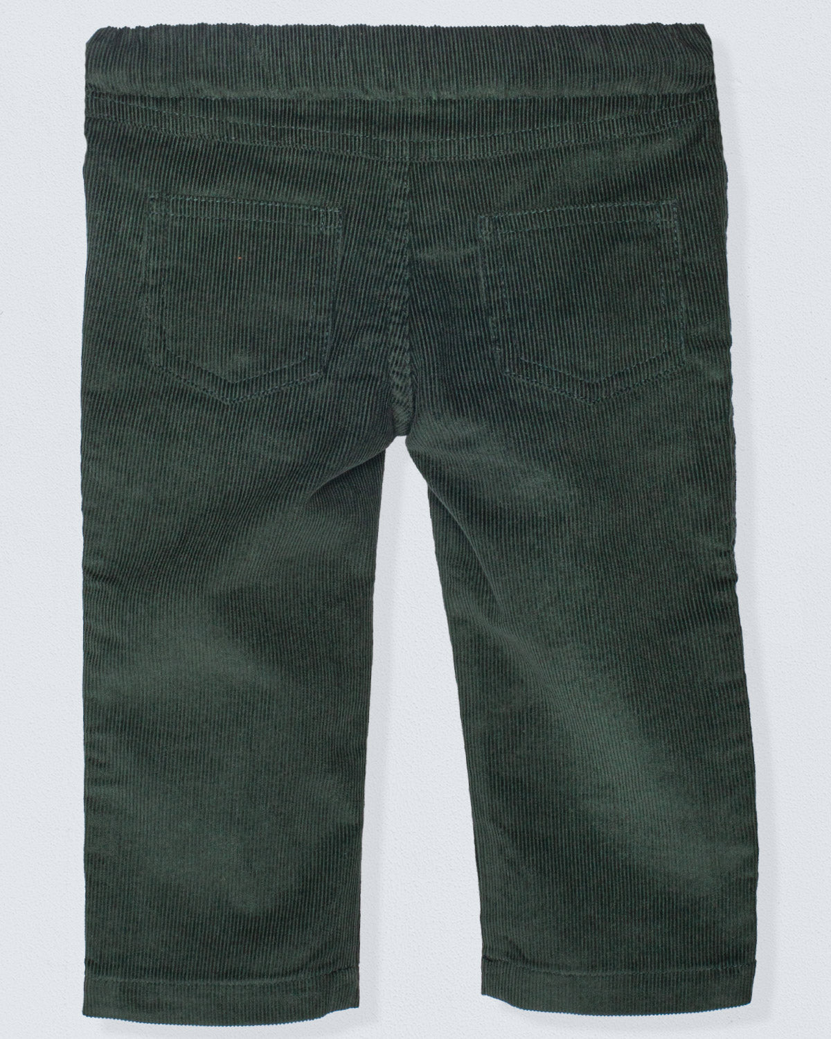 Back view of dark green corduroy pants with an elastic waistband and two patch pockets, made from soft, fine Italian corduroy.