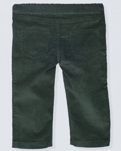 Back view of dark green corduroy pants with an elastic waistband and two patch pockets, made from soft, fine Italian corduroy.