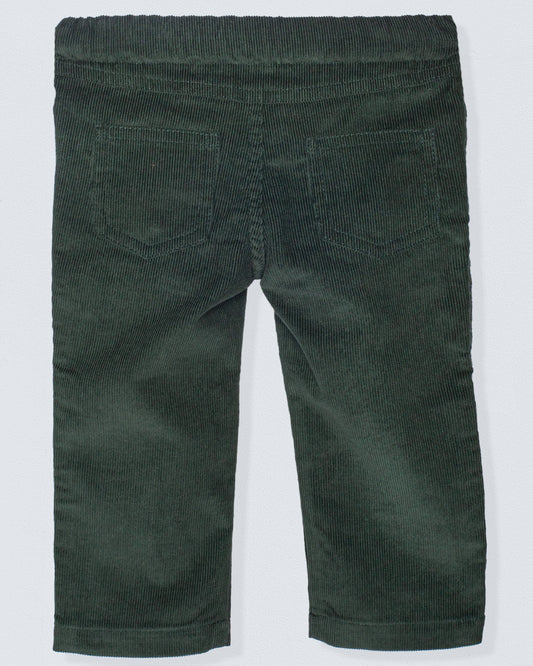 Back view of dark green corduroy pants with an elastic waistband and two patch pockets, made from soft, fine Italian corduroy.