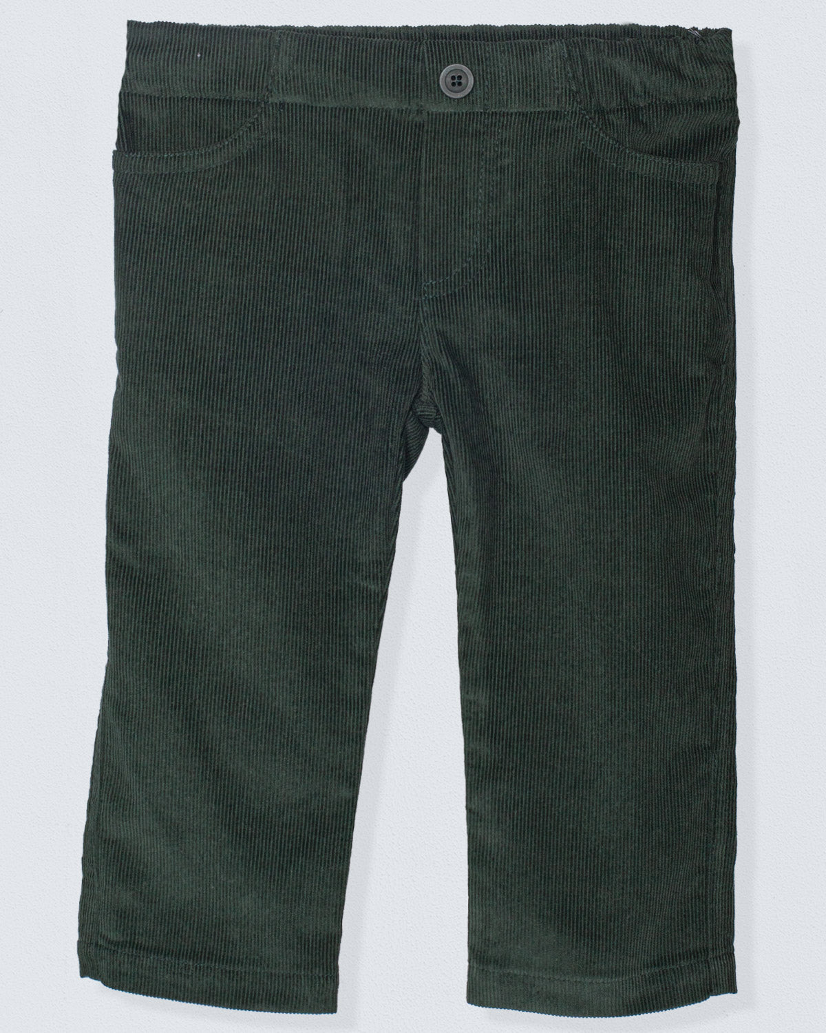 Front view of dark green baby corduroy pants with an elastic waistband, side pockets, and a faux button, showcasing high-quality Italian fabric.