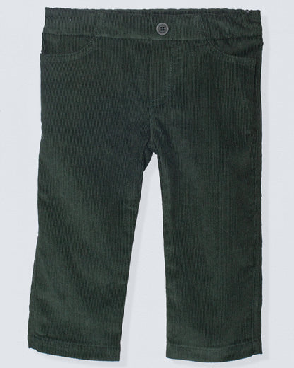 Front view of dark green baby corduroy pants with an elastic waistband, side pockets, and a faux button, showcasing high-quality Italian fabric.