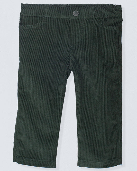 Front view of dark green baby corduroy pants with an elastic waistband, side pockets, and a faux button, showcasing high-quality Italian fabric.