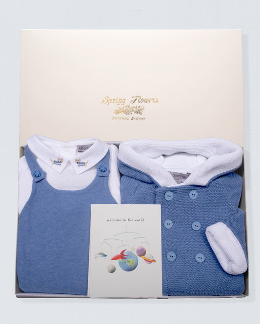 Baby knit outfit set with blue jacket and white shirt in a box, featuring 'Spring Flowers' brand.