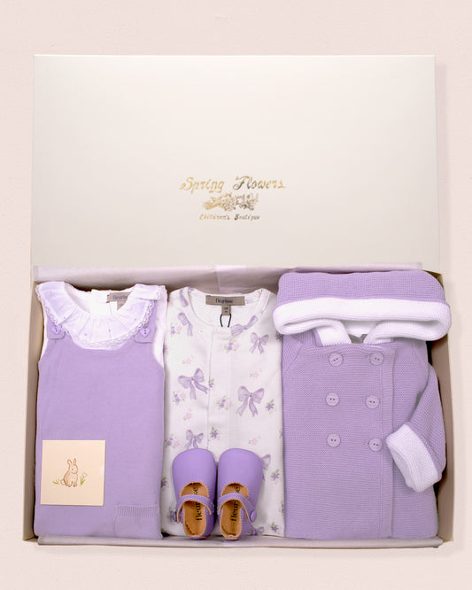 Baby clothing set in a box with lavender jacket and overall and shoes with bows footie