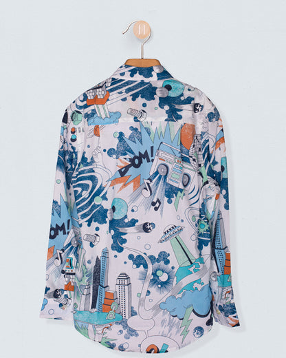 Back view of the Bernard Liberty Blue Robots Shirt displayed on a hanger. The Liberty print continues across the back with whimsical elements like boom boxes, planets, robots, and starbursts, creating a bold, colorful pattern.