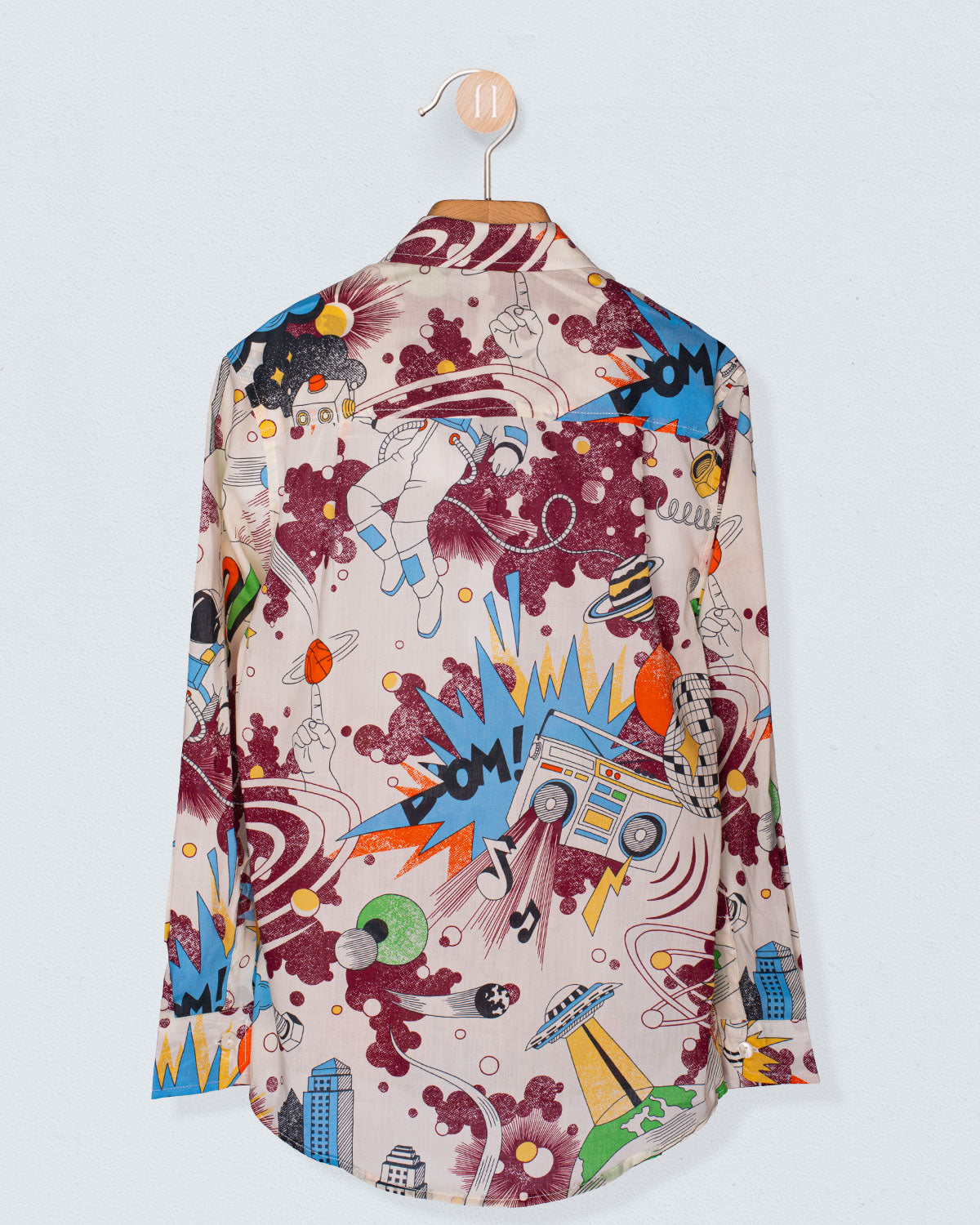 Back view of the Bernard Liberty Colorful Robots Shirt on a hanger, featuring a vivid mix of rockets, robots, and planets in the playful Liberty print.