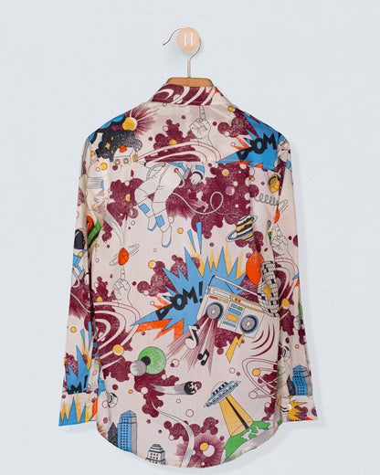 Back view of the Bernard Liberty Colorful Robots Shirt on a hanger, featuring a vivid mix of rockets, robots, and planets in the playful Liberty print.