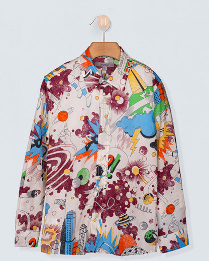 Front view of the Bernard Liberty Colorful Robots Shirt hanging on a wooden hanger, showcasing its colorful robot-themed Liberty of London print.
