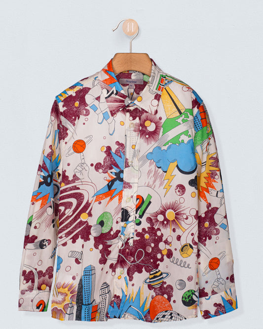 Front view of the Bernard Liberty Colorful Robots Shirt hanging on a wooden hanger, showcasing its colorful robot-themed Liberty of London print.