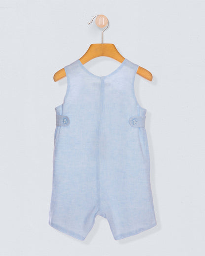 Back of light blue baby romper on a wooden hanger against a light gray background