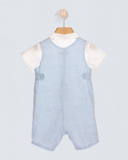 Light blue romper with white sleeves on a hanger against a light gray background