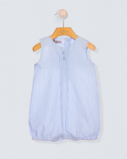 Blue and white striped baby romper on a hanger against a light gray background