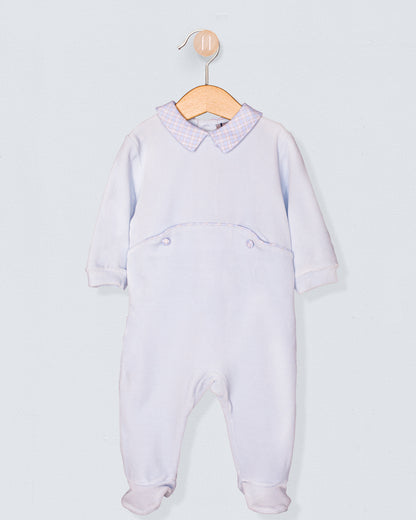 Light blue Italian velour footie with a checkered Peter Pan collar and subtle piping along the waist seam, accented with decorative buttons.