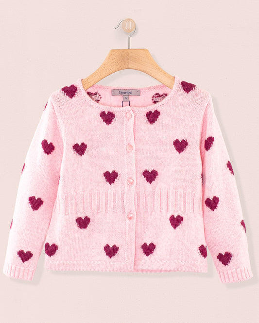 Madeleine Pink Hearts Wool Cardigan - Cardigan