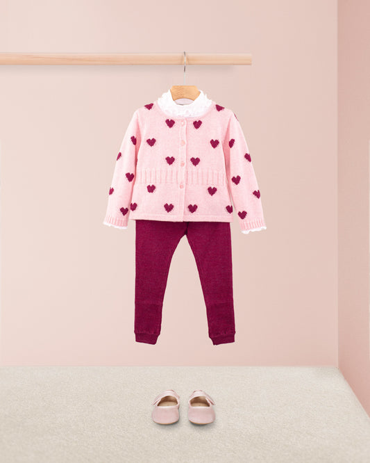 Madeleine Pink Hearts Wool Cardigan - Cardigan