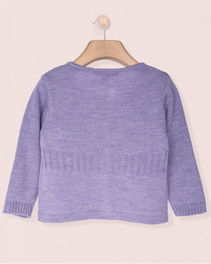 Back of a purple knitted sweater on a hanger against a beige background