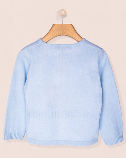 Back of a Light blue cardigan with a bow and bunny buttons, on a wooden hanger against a beige background