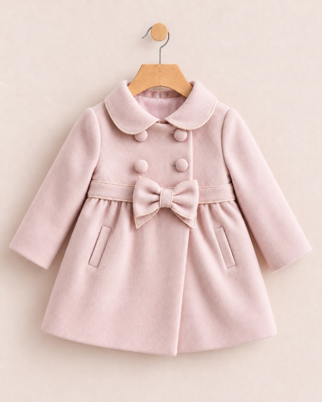 Light-pink colored coat with 4 buttons, 2 pockets, collars and a large pink bow, on a hanger against a muted pink background