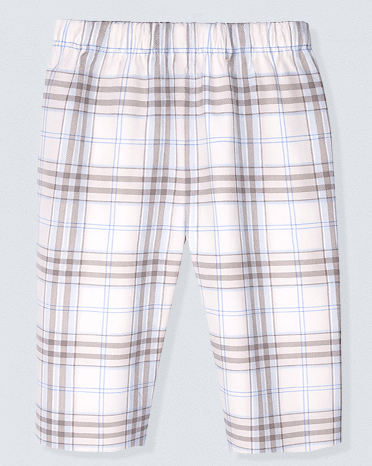 Plaid shorts with a brown and white pattern on a light gray background