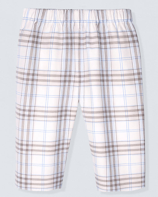 Plaid shorts with a brown and white pattern on a light gray background