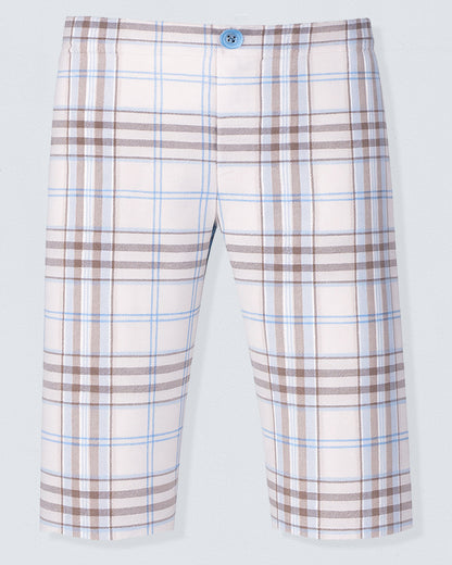Plaid patterned pants on a light gray background
