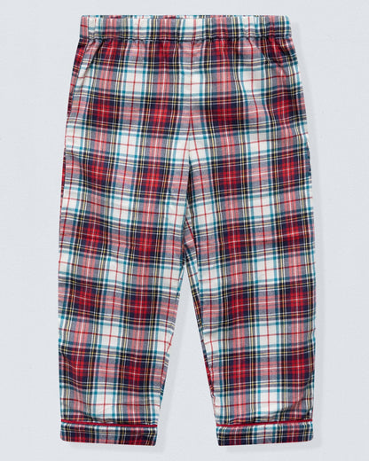 Plaid pants with red, blue, and white pattern on a light gray background