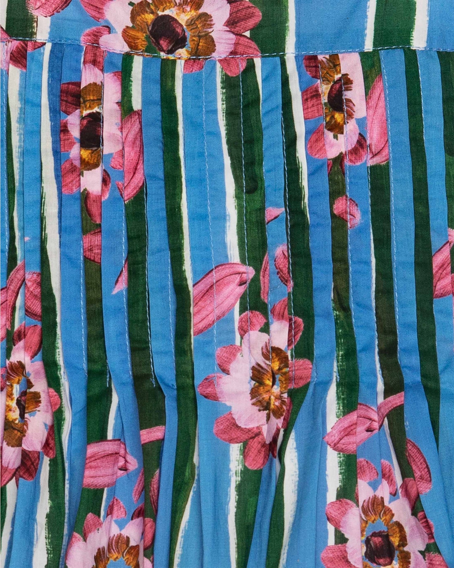 Colorful fabric with floral patterns and vertical stripes in blue, green, and pink.