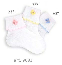 Pair of baby socks with floral designs on a white background