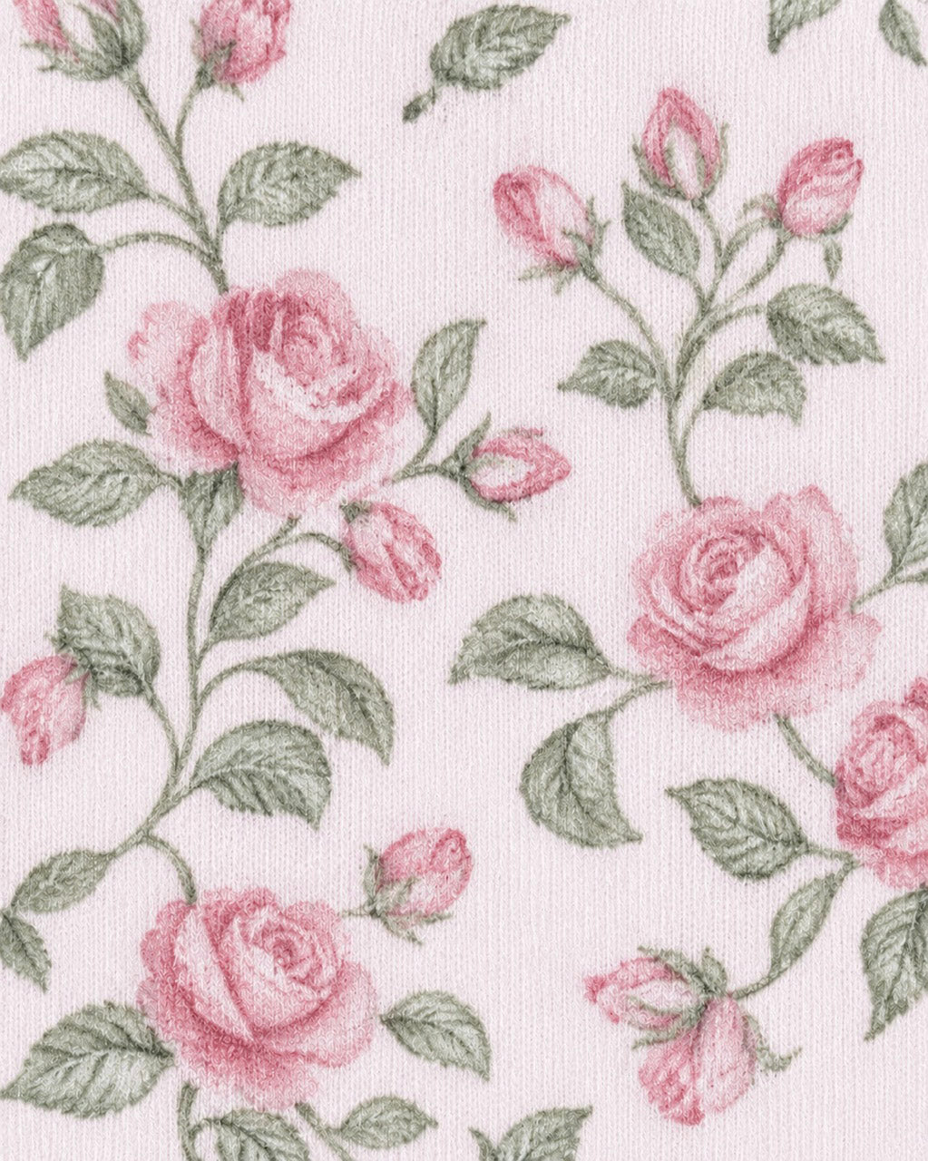 A close-up of a fabric or wallpaper pattern featuring pink roses and green leaves on a light off-white background.