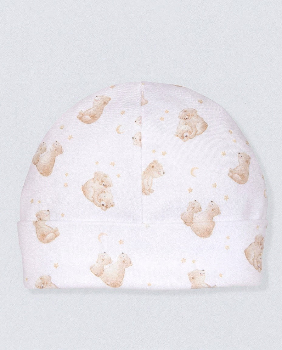 white hat with brown bears against a light grey background