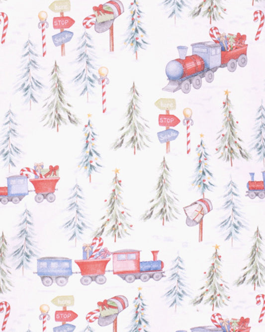 Christmas-themed fabric pattern with trains, trees, and candy canes on a white background