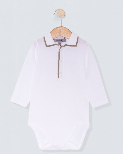 Polo Long Sleeve Onesie Italian Beige Trim Piquet - Onesie